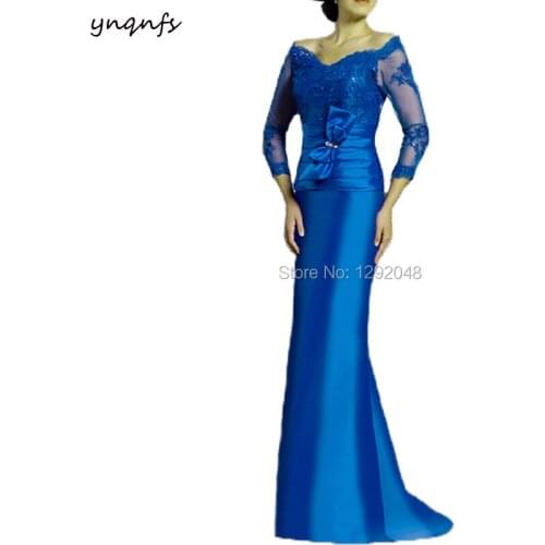 Satin Off Shoulder Beaded Lace Appliques Elegant Mermaid Mother of the Bride Dresses Long Sleeves Royal Blue YNQNFS MD231