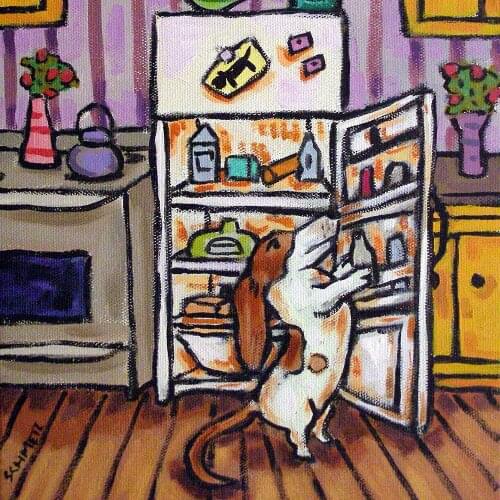 Basset Hound dog raiding the Fridge Decorative Painting Canvas Wall Art Living Room Posters Bedroom Painting Decor Unframed