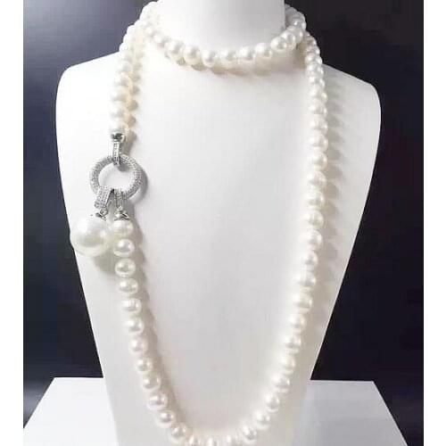 Free shipping Jewelry strands 9-10 mm natural south sea white pearl necklace 16mm shell pearl pendant