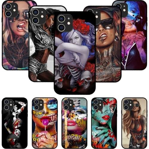 For iPhone 11 12 8 Plus Mini Pro X XR XS Max 4 5 7 6 6S 8 SE Phone Case Black Cover Bumper Soft Etui Sexy Sleeve Tattoo Girl