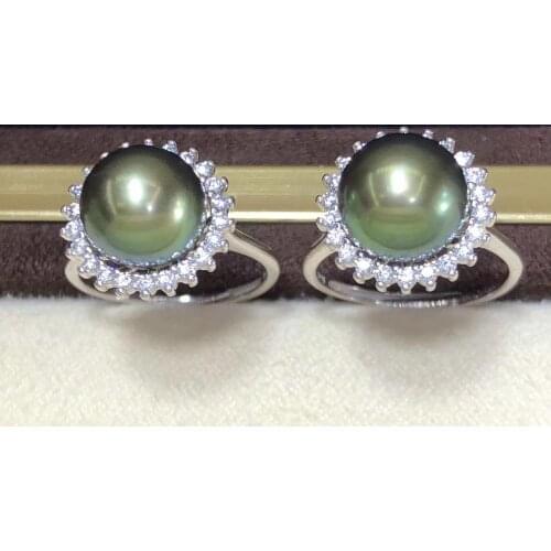 D316 Fine Jewelry 925 Sterling Silver 10-11mm Natural Fresh Water Peacock Green Black Pearls Rings for Women Fine Pearls Rings