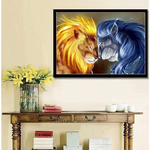 5D DIY Full Round Diamond Painting Couple Lion Cross Stitch Diamond Embroidery Pattern Rhinestone Wild Animal Pictures Decor