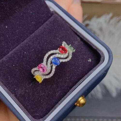 Luxurious lucky wide wave S925 silver natural Multicolor sapphire ring natural gemstone ring woman party gift fine jewelry