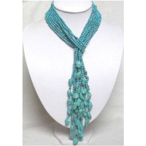 Beautiful 4 Rows 2014 fashion new free shipping to 4MM calaite turquoises round beads chain Necklace 50"BV354