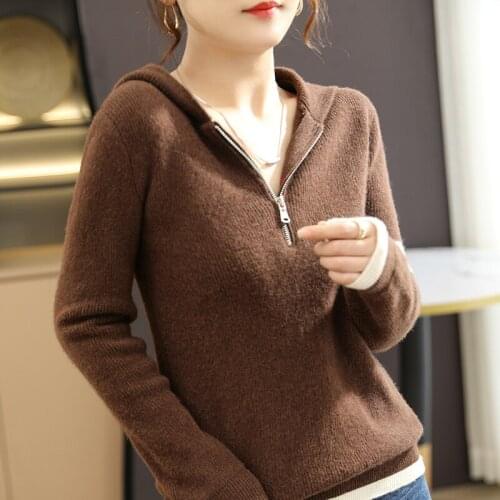 MeetMetro 2021 Women Sweater Hoodies 100% Wool Pullover Hooded Knitted Sweater Knit Tops Fashion Cashmere Jerseys Y2K Sweaters