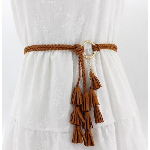 Fashion Women Solid Color Braided Tassel Belt 2021 New Boho Girls Thin Waist Rope Knit Belts For Dress Waistbands Accessories