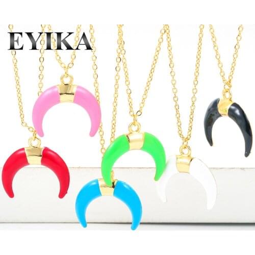 EYIKA Bohemian Horns Crescent Moon Pendant Necklace Multicolor Fluorescent Green Enamel Women Vintage Collar Gold Color Jewelry