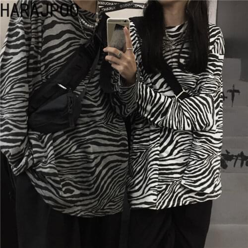 Harajpoo Couple T-Shirts Spring Autumn 2021 New Korean Version Ins Harajuku Style Zebra Striped Long-sleeved Loose Trend Tops