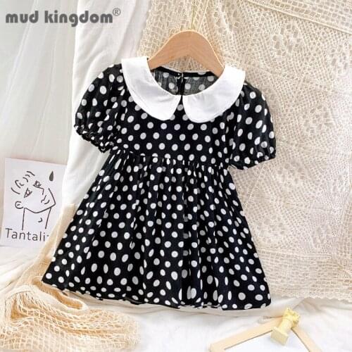 Mudkingdom Girls Dress Fashion Thin Puff Short Sleeve Peter Pan Collar Dots Princess Dresses for Kids Summer Casual Clothes