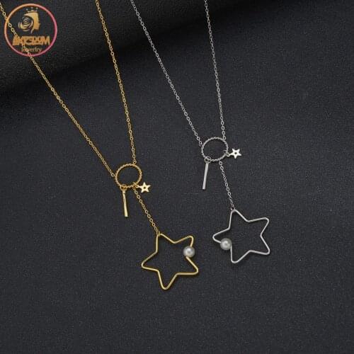 Akizoom Simple Hollow Pentagram Symbol Pendant Necklace for Women Men Stainless Steel Solid Link Chain Unisex Wrist Jewelry Gift