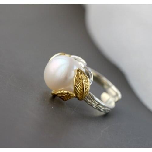 Real 925 Sterling Silver Fashion Women Open Adjustable Leafage Ring Natural Pearl 18K Gold Plated Wedding Party Jewelry Gift