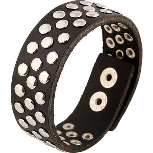 Handmade Gypsy Hippie Young Punk Wide Black Leather Wrap Flat Rivet Button Adjustable Unisex Bracelet Bangle for Man