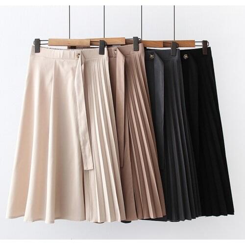 Knee-Length Midi Pleated Skirt 2021 New Spring Summer Women Korean Style Skirt High Elastic Waist Sun School Skirts With Belt