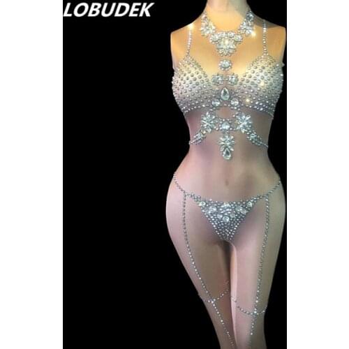 Silvery Rhinestones Skin Color Jumpsuit Sexy Nude Crystals Bodysuit Women Acrobatic Costume Pole Dance Outfit Bar DJ Stage Wear