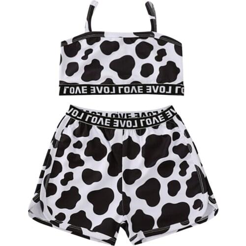 Cute Kids Girls Clothing Set 2-piece Outfit Set Cow Pattern Sleeveless Tank Top+Shorts Set Summer Children Girls Outfits Sets