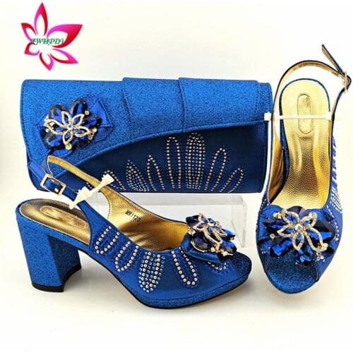 Special Mature African Women Shoes and Bag Set in Royal Blue Color Decorate with Rhinestone Sandal for Dress