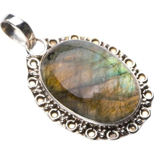 StarGems Natural Blue Fire Labradorite Handmade 925 Sterling Silver Pendant 1.5" D9421