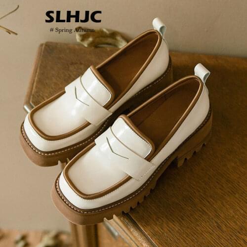 SLHJC Retro Mary Janes Leather Pumps High Heel Round Toe Crystal Buckle Autumn New Fashion Women Pumps Shoes Heels 4.5 cm