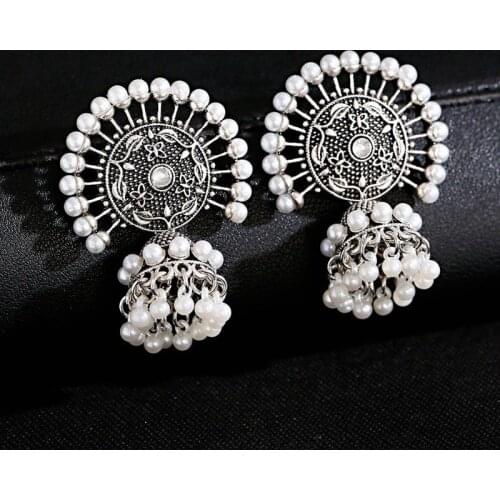 Vintage Sector Silver Color Pearl Beads Earrings Classic Gypsy Carved Jhumka Ladies Earrings Bijoux Orientales