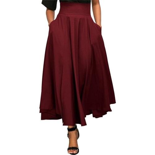 Hot Women Fashion Vintage Solid Color Zip-Back Sashes High Waist Pleated A-Line Maxi Skirt New