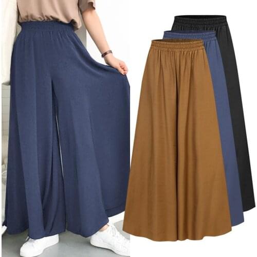 Women Elastic Waist Trousers 2021 Ladies Wide Leg Pants Capris ZANZEA Casual Summer Loose Solid Pantalon Palazzo Oversize 5XL