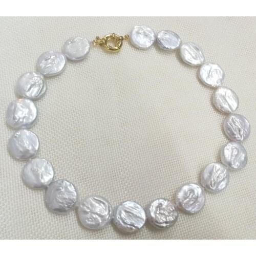 Women Jewelry 15x18mm white round slice coin pearl beads choker necklace gold clasp Natural freshwater pearl 35cm 40cm 14'' 17