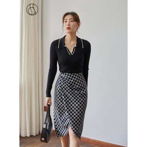 DUSHU Women Winter Sweaters Contrasting Edges Lapel Pullover Women Slim-fit Sweaters Winter New Black Slimming Bottoming Shirts