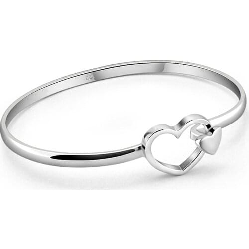 Ladies 925 Sterling Silver Classic Heart Bracelet Bangle Jewelry Women Sweet Romantic Holiday Gift