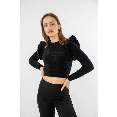 Women Plush Sweater Short Size Sexy Ladies Long Sleeve Shoulder Details