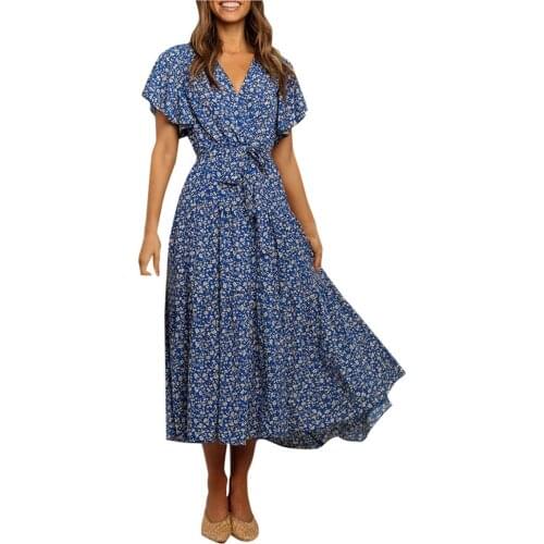 Summer Bohemia Floral Printed Bandage Dress Women Casual Ruffle Short Sleeve Midi Dresses Beach Holiday A-line Vestidos Платье