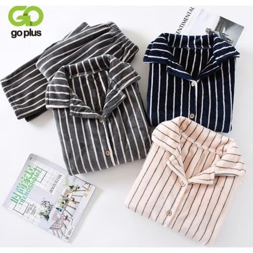 Winter Sleepwear Womens Pajamas Fleece Warm Turn Down Collar Tops Elastic Waist Pants Plus Size Striped Home Suit Clothes Woman