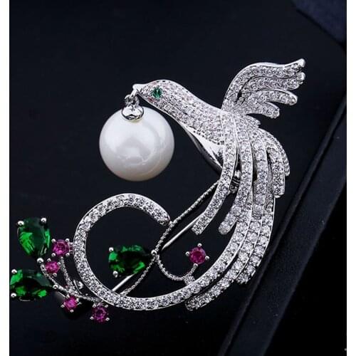 Zlxgirl Green Cubic Zircon peacock brooches jewelry for women perfect guangdong copper plated color hijab accessory pendant pins