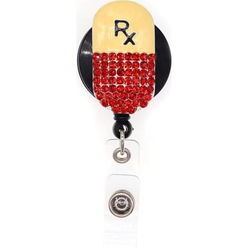10pcs/lot Free Shipping New Medical Red Rhinestone Retractable Pill Badge Holder Nurse RX Badge Reel