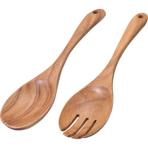 2pcs Natural Wood Salad Spoon Fork Set Wooden Utensils Tableware Large Dinner Serving Spoons Salad Servers Cooking Kitchen Tools