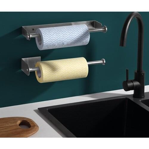 304 Stainless Steel Nail Free Wall Mounted Kitchen Towel Hanging Rack Rolling Paper Plastic Wrap Holder Rag Organizer