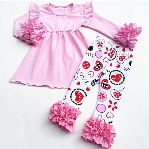 AICTON 2018 Valentines day baby girls Spring outfit suit Pink solid ruffle top love heart pants kids cotton ruffles clothes
