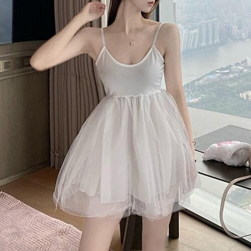 White Mesh Sexy Strap Dress Women Patchwork Chic Korean Party Mini Dress Female Casual Club Fairy Dress Summer 2021 Office Lady