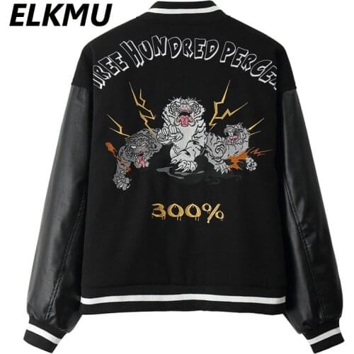 ELKMU Streetwear Tiger Embroidered Baseball Jacket Men Oversized Fashion PU Sleeve Patchwork Bomber Jackets Coats Vintage HM563