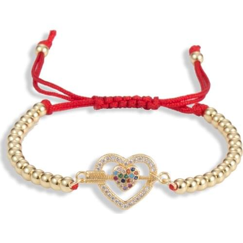 Eif Dock Unique One Arrow Pierced Heart Cubic Zirconia Bracelet For Women Gold Color Beads Adjustable Rope Chain Valentines Day