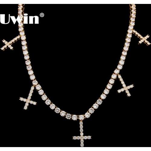 Uwin Iced Out Cubic Zirconia 1 Row Tennis Chains With Cross Pendant Necklace 5mm Width Fashion For Men/Women Jewelry