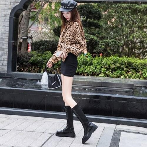 Black motorcycle boots women 2020 autumn thin section thick-soled lace mid-tube Martin boots high-tube rider boots womens boots