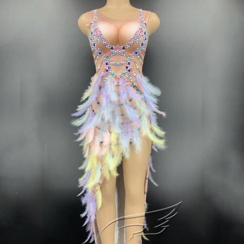 Color Feather Sexy Rhinestone Elastic Long Dress Women Gogo Dance Costumes Stage Adult Performance Costume Evening Dress DN7735