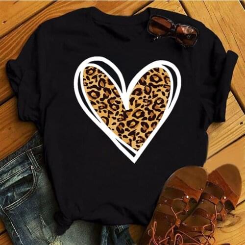 Leopard Love Heart Printed T Shirt New Women Fashion T Shirt Female Short Sleeve Casual Tops Black Tee Shirts Women Cute T-shirt