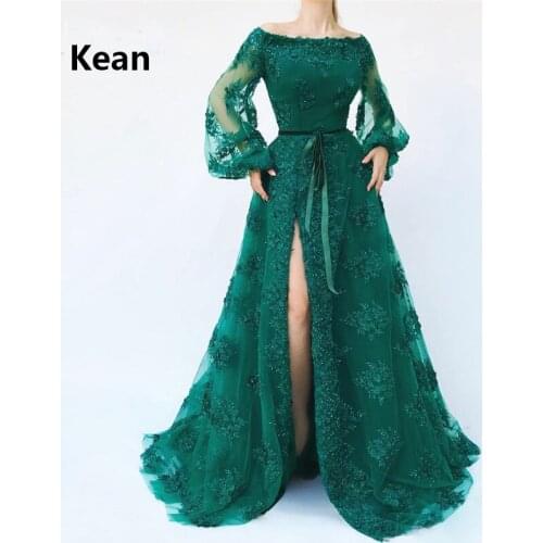 Emerald Green Muslim Evening Dress Slit Puff Sleeve vestido de festa Islamic Dubai Kaftan Saudi Arabic Evening Gown Prom Dress