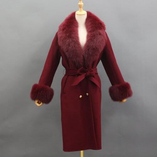 Natural Fox Fur Collar Cashmere Wool Fur Coat Winter Jacket Women Long Outerwear Belt