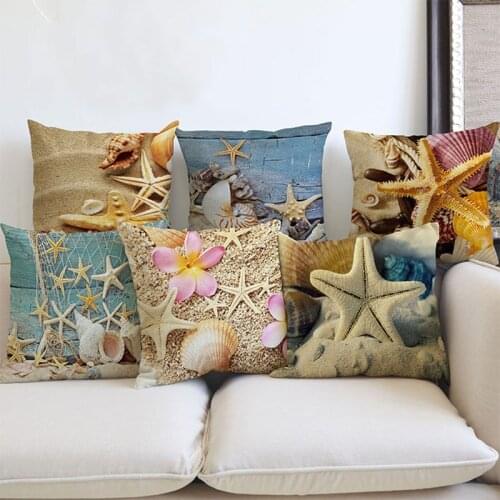 Square linen cotton pillow case 45x45cm Summer blue marine life print decorative cushion cover for sofa car home decor