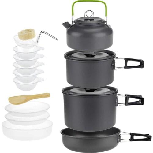 15 In 1 Camping Cookware Kit 4-5 Person Aluminum Cooking Set Water Kettle Pan Pot Tableware for Outdoor Travel Hiking Picnic BBQ