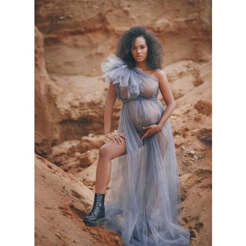 Dusty Blue Illusion Tulle Maternity Dress Sexy Long See Thru Bride Robes for Photo Shoot Puffy Ruffled Tulle Dresses Photography