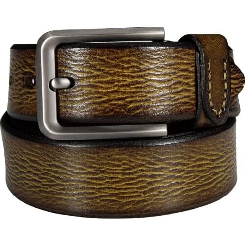 Grass Green Mens Belt Genuine Cow Leather Strap Single Prong Pin Buckle Male Retro Belt for Jeans Party Hole Punch Barry.Wang