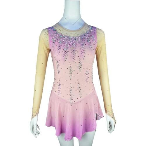 Pink Figure Skating Dress Long-Sleeved Ice Skating Skirt Spandex
